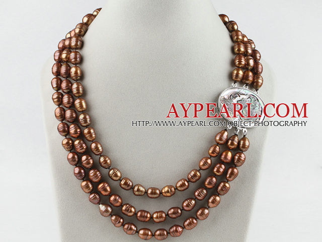 three strand brown pearl necklace with beauty clasp