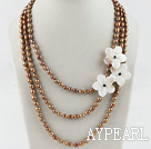 Wholesale multi strand brown pearl white shell flower necklace