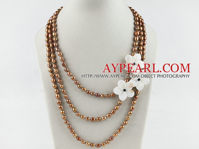 multi strand brown pearl white shell flower necklace