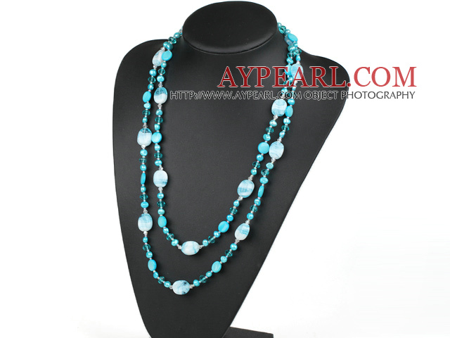 51.2 inches blue pearl crystal and colored glaze necklace