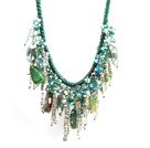 Sparkly Bib Shape Green Series Crystal Agate Statement Party Necklace With Green Thread Woven Drawstring Chain