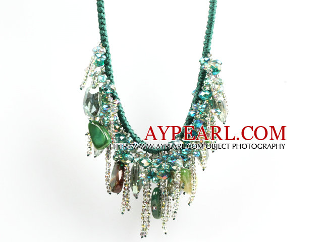 Sparkly Bib Shape Green Series Crystal Akaatti Statement Party kaulakoru Green Thread Woven Drawstring Chain