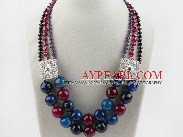 Multi Strand Pearl Crystal and Multi Color Agate Necklace