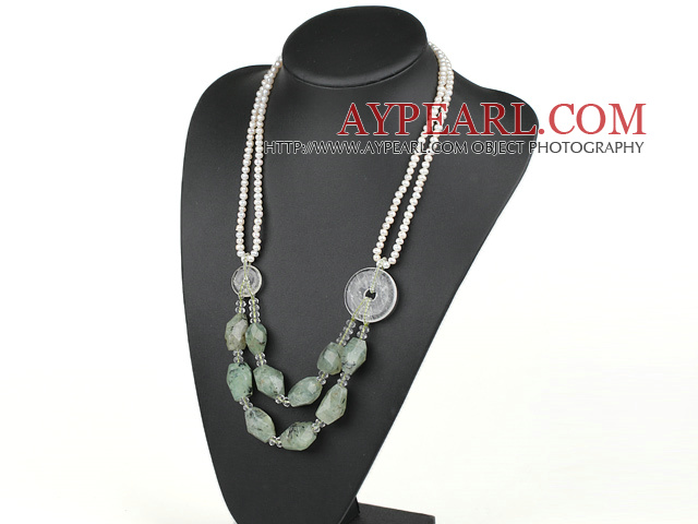 White Pearl and Natural White Crystal and Green Rutilated Quartz Necklace