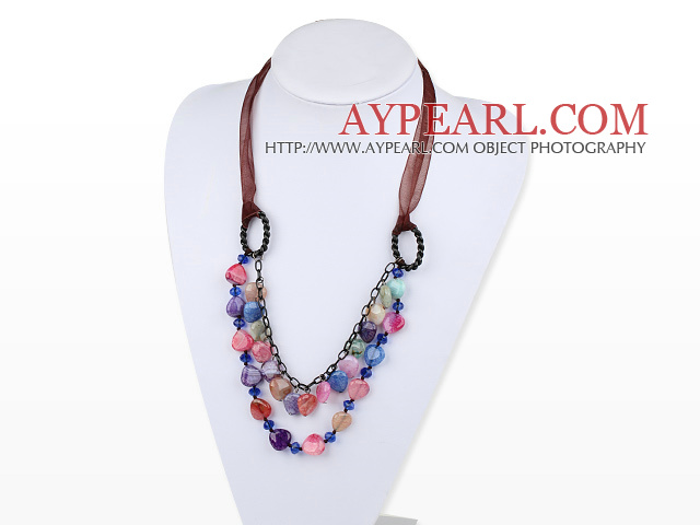 Wonderful Multi Color Burst Pattern Agate Loop Chain Necklace With Dark Red Ribbon