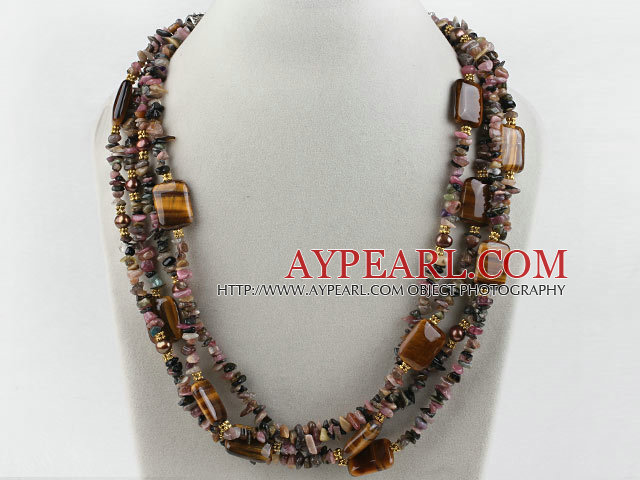 Multi Strand Pearl and Tourmaline and Tiger Eye Necklace