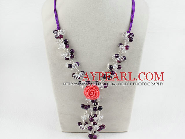 Clear Crystal and Purple Agate Y shape Necklace with Purple Thread