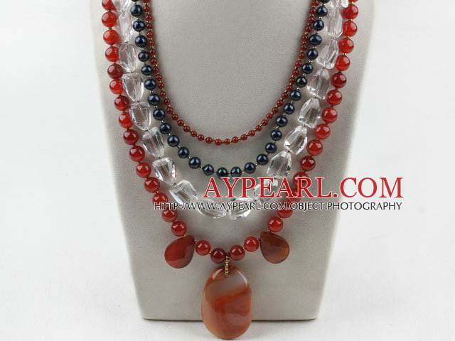 New Design Multi Layer Pearl Crystal and Agate Party Necklace