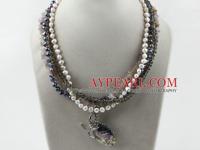 Multi Strand Pearl Crystal and Agate with Abalone Shell Pendant Necklace