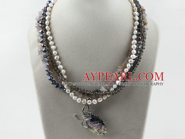 Multi Strand Pearl Crystal ja Akaatti kanssa Abalone Shell riipus kaulakoru