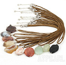 Lovely 10Pcs Multi Color Gemstone Necklace Pendant Necklaces With Brown Cords