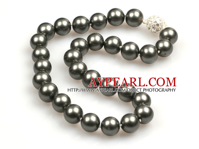 14mm Gray Black Color Round Sea Shell Beaded Necklace with Magnetic Clasp