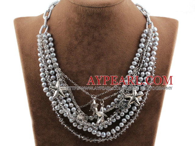 Multi Layer Gray Freshwater Pearl Crystal Necklace with Metal Chain and Charms