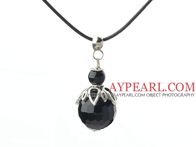 Classic Design Faceted Black Agate Pendant Necklace with Adjustable Chain