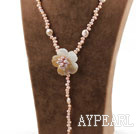 Natural Pink Freshwater Pearl and Shell Flower Y Shape Necklace