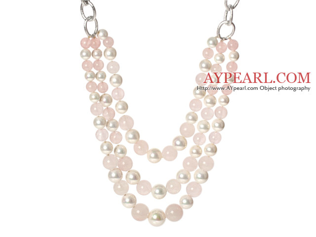 Mote Stil tre lag Rose Quartz og White Shell perler halskjede 