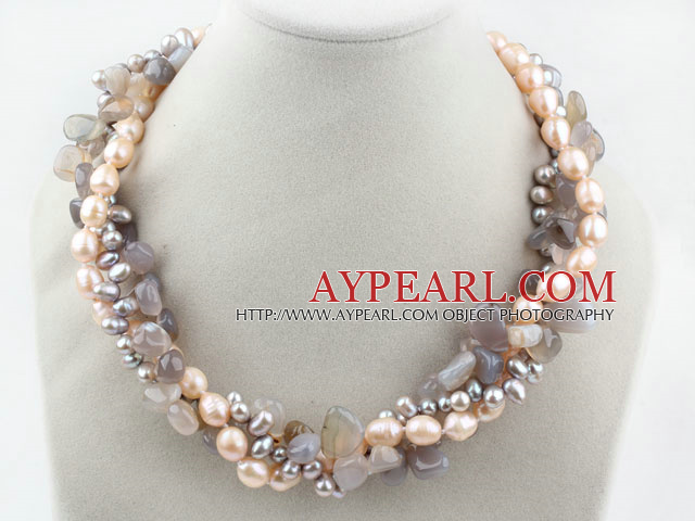 Assortert Freshwater Pearl og Gray Agate halskjede