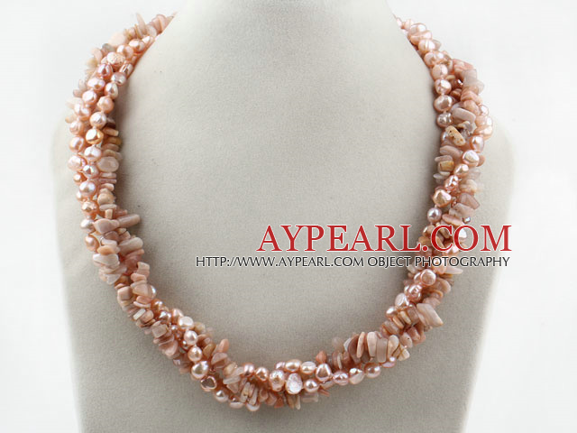 Long Style Two Strands Pink Freshwater Pearl and Sun Stone Necklace ( No Clasp)
