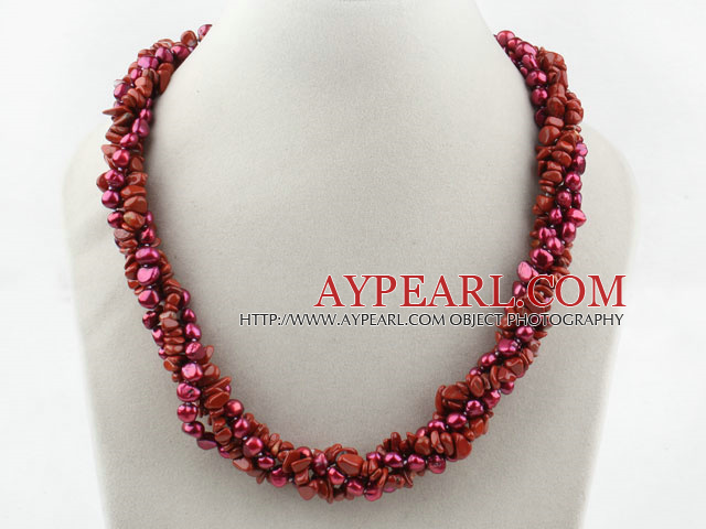 Lange Ausführung zwei Stränge Violett Rot Süßwasser-Zuchtperlen und Roter Jaspis Halskette (kein Verschluss)