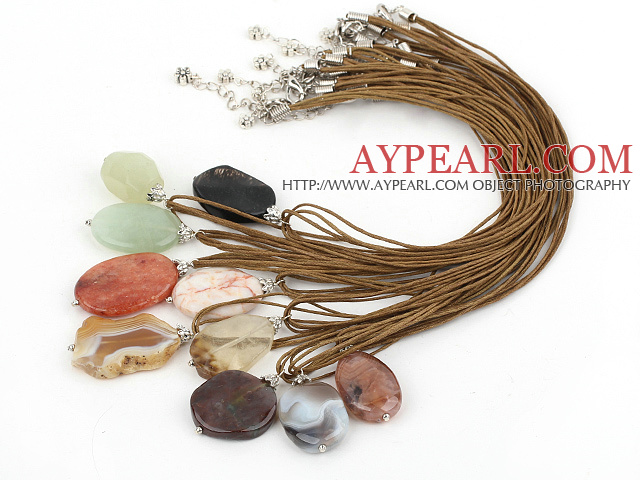 Lovely 10Pcs Multi Color Gemstone Necklace Pendant Necklaces With Brown Cords