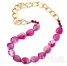 Hot Pink Color Burst Pattern Crystallized Agate Knotted Necklace with Golden Color Metal Chain ( The Chain Can Be Deducted )