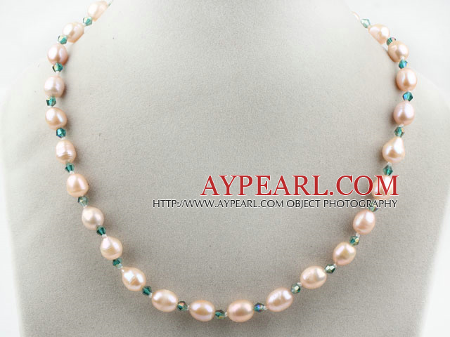 Single Strand Natural Pink Freshwater Pearl and Green Crystal Necklace