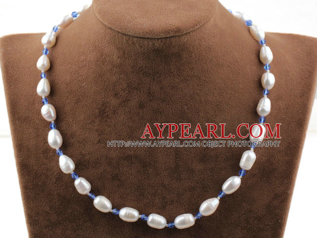 Single Strand White Freshwater Pearl and Sky Blue Crystal Necklace