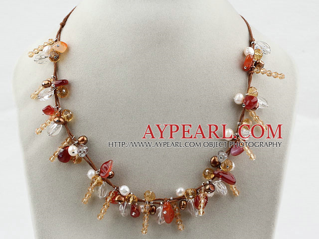 Brown Series Assorted Pearl Crystal and Agate Necklace with Brown Thread