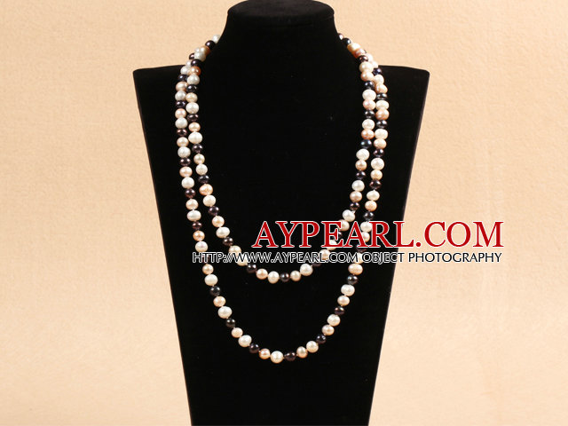 Graceful Long Style Double Strand 8-9mm Natural White & Pink & Black Freshwater Pearl Necklace (Sweater Chain)