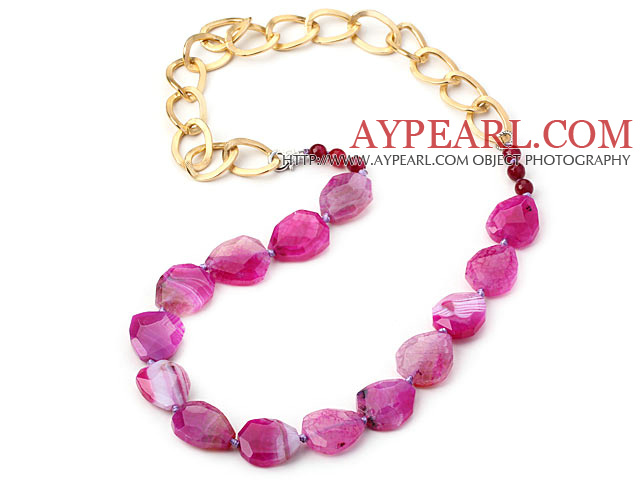 Hot Pink Color Burst Pattern Crystallized Agate Knotted Necklace with Golden Color Metal Chain ( The Chain Can Be Deducted )