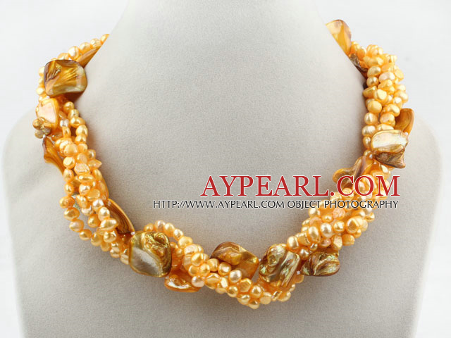 Multi Strands Bright Yellow Color Freshwater Pearl and Bubble Shell Necklace