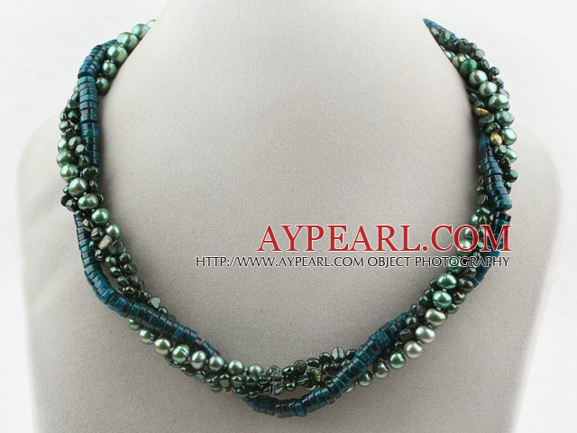 Dark Green Series Multi Strands Peacock Freshwater Pearl and Phoenix Stone Necklace