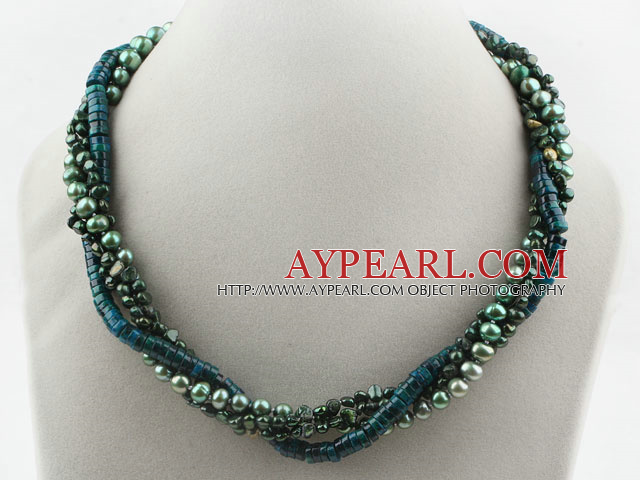 Dark Green Series Multi Strands Peacock Süßwasser-Zuchtperlen und Phoenix Stone Necklace