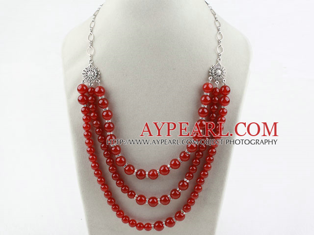 Multi Layer Round Carnelian Necklace with Metal Chain and Lobster Clasp