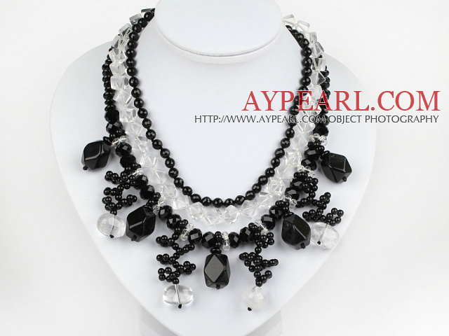 Nouveau design multi couche blanche de cristal et agate noire Collier