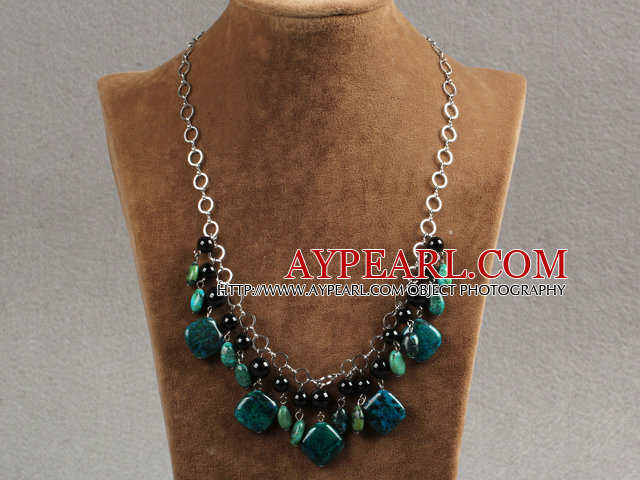 Black Agate and Phoenix Stone Necklace with Metal Chain