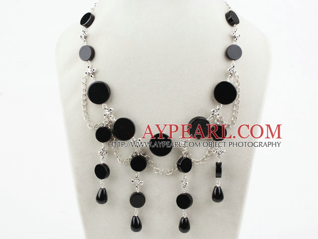 New Design Black Flat Round Agate Halskette mit Metall-Kette