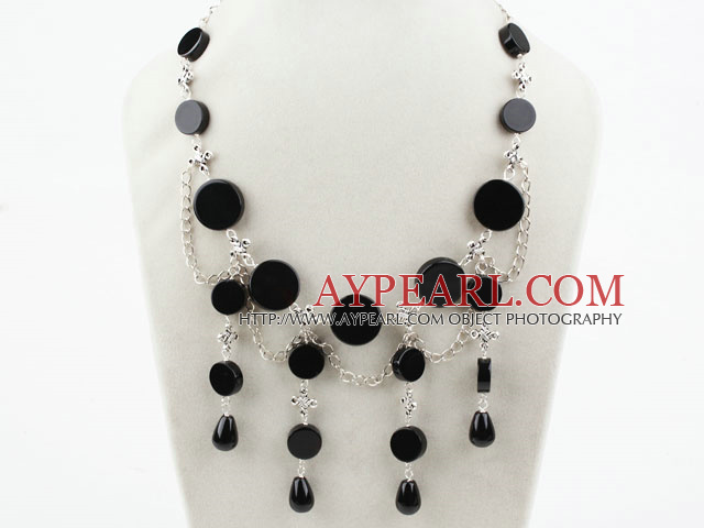 New Design Black Flat Round Agate Necklace with Metal Chain
