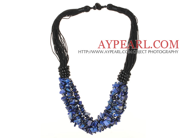 Multi Strands Lapis Chips Necklace with Black Thread