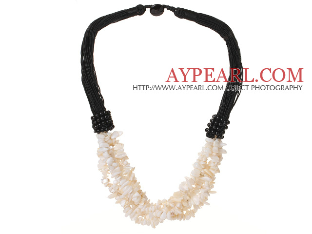 Multi Strands White Shell Chips Necklace with Black Thread