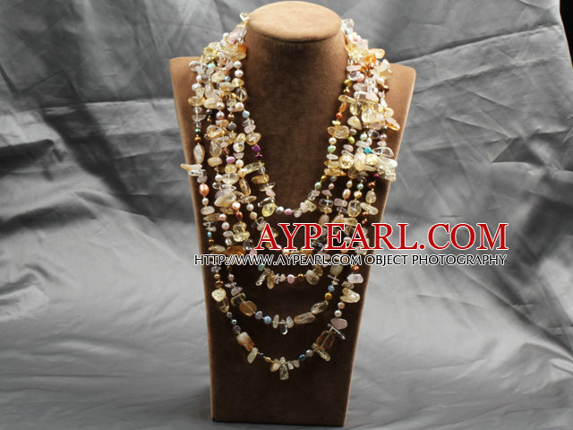 Underbara uttalande Multi Layer Natural Pearl Clear Crystal Citrine Chips Halsband