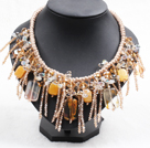 Sparkly Bib Shape Yellow Series Crystal Topaz Statement Party Necklace With Chanpagne Thread Woven Drawstring Chain