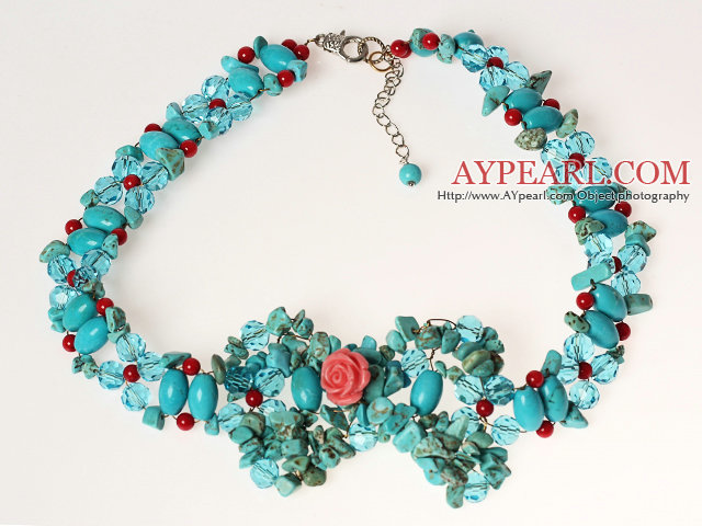 Turquoise and Coral and Crystal Crochet Wire Necklace