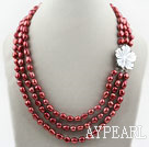 Three Strands 8-9mm Red Brown Color Baroque Pearl Necklace with White Shell Flower Clasp