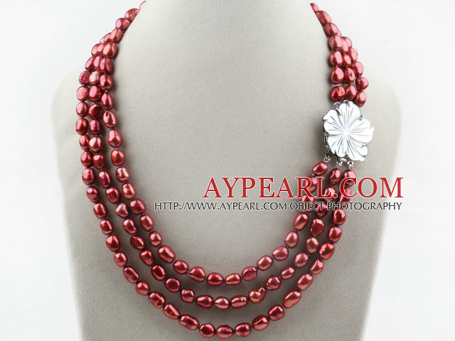 Three Strands 8-9mm Red Brown Color Baroque Pearl Necklace with White Shell Flower Clasp