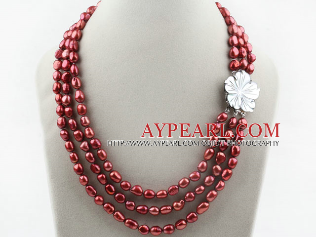 Trois brins 8-9mm rouge brun Couleur baroque collier de perles avec fermoir fleur blanche Shell