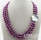 Three Strands 8-9mm Dark Purple Color Baroque Pearl Necklace with White Shell Flower Clasp