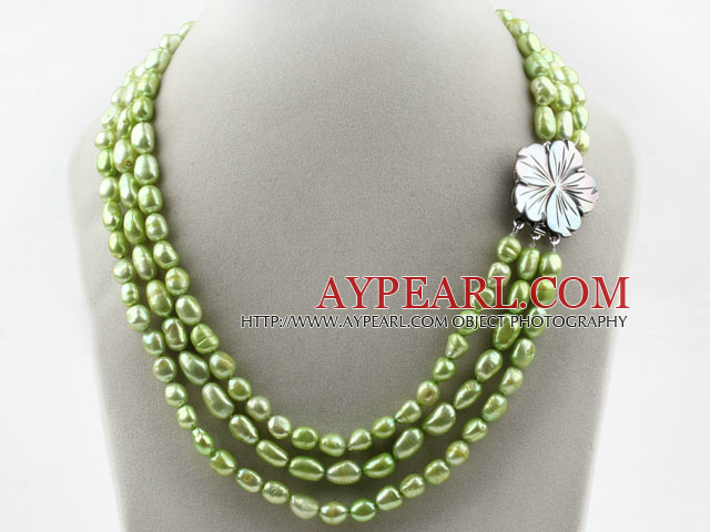 Three Strands 8-9mm Apple Green Color Baroque Pearl Necklace with White Shell Clasp