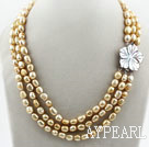 Three Strands 8-9mm Golden Champagne Color Baroque Pearl Necklace with White Shell Flower Clasp