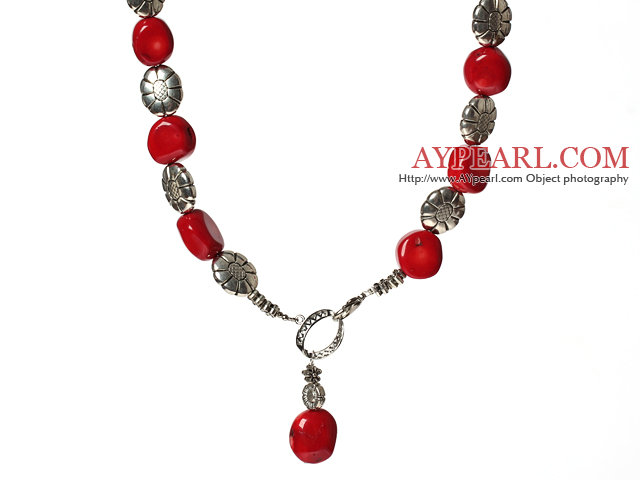 New Design Red Coral Halskjede med Tibet Silver Tilbehør 